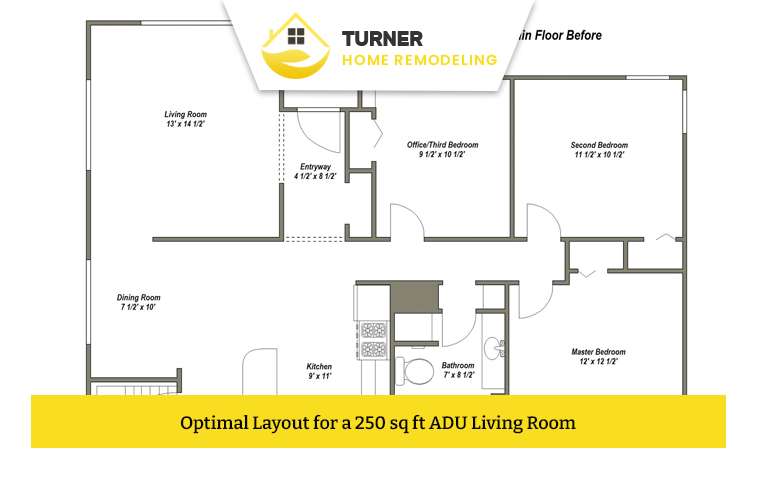 Compact 250 sq ft ADU living room with optimized furniture and layout