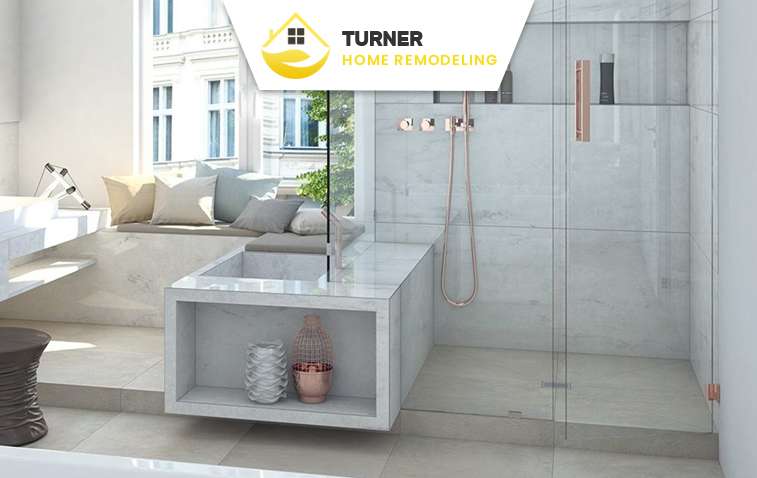 Corner shower bench made from tile, maximizing space in a compact shower.